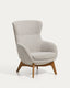 Fauteuil Adiran en chenille épaisse beige avec pieds en bois de chêne finition naturelle