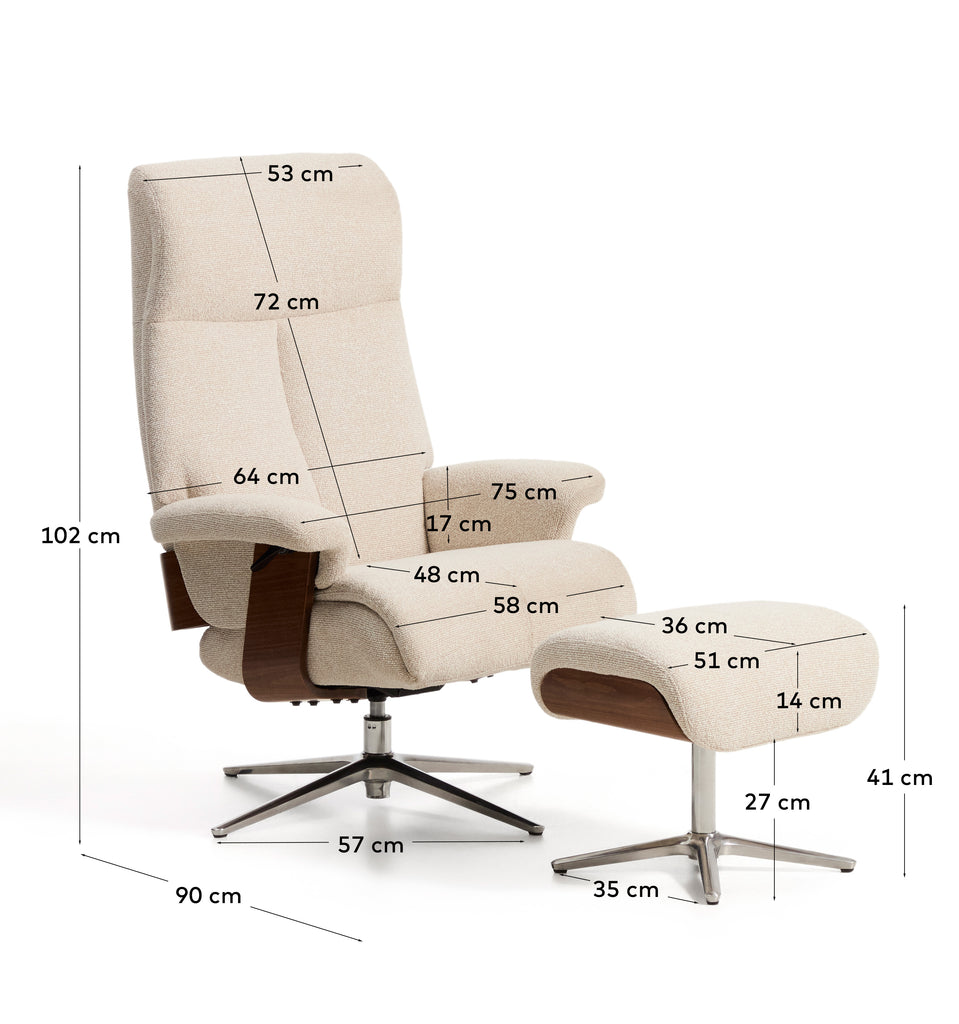 Fauteuil pivotant inclinable avec repose-pieds Toriel en micro-bouclette beige et pieds en aluminium FSC Mix Credit