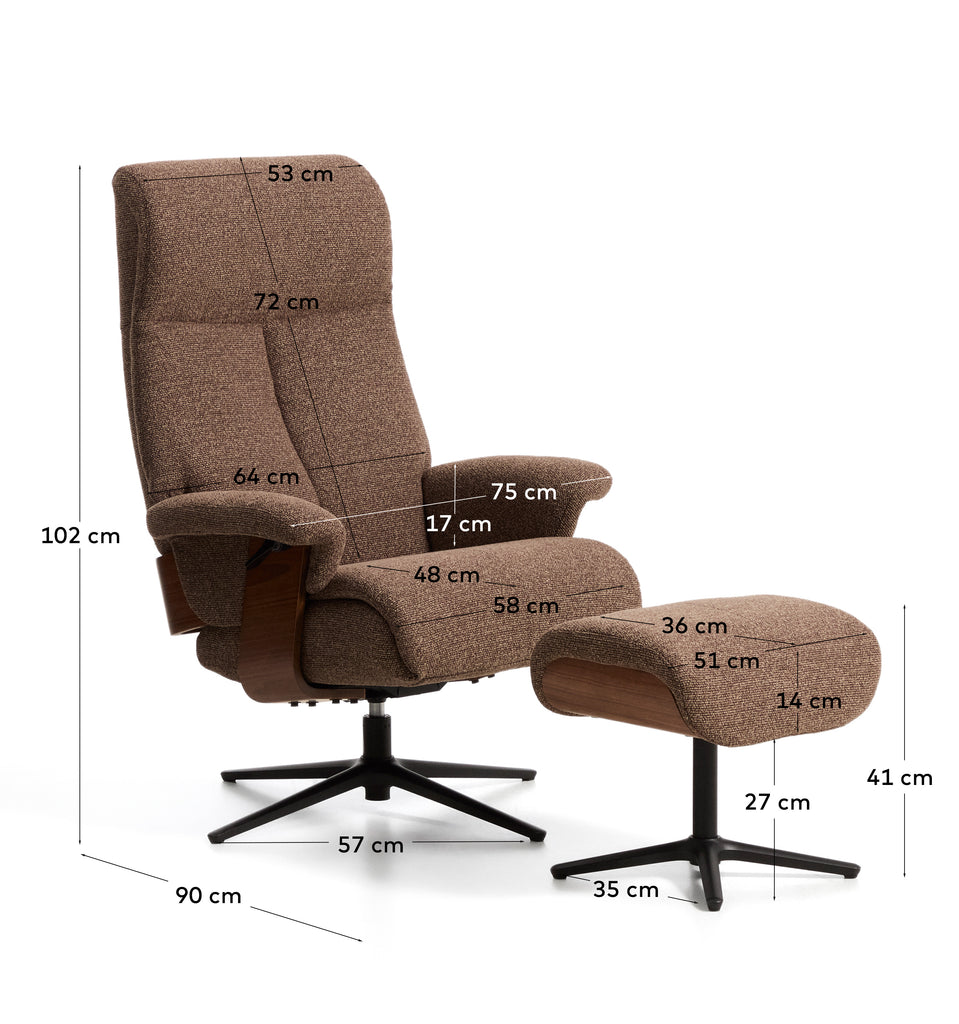 Fauteuil pivotant inclinable avec repose-pieds Toriel en micro-bouclette marron chocolat et pieds en aluminium avec finition noire FSC 100%