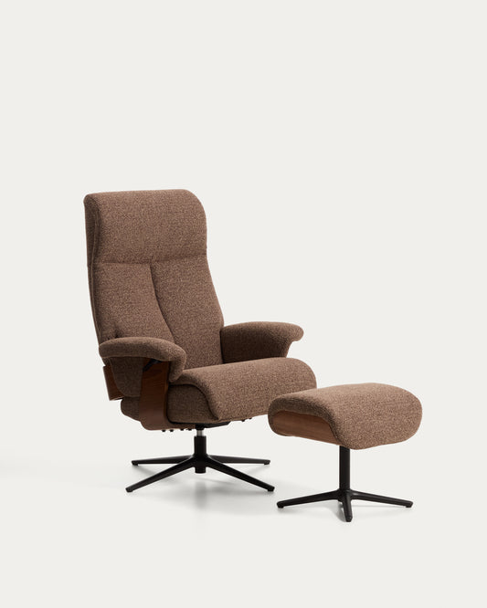 Fauteuil pivotant inclinable avec repose-pieds Toriel en micro-bouclette marron chocolat et pieds en aluminium avec finition noire FSC 100%