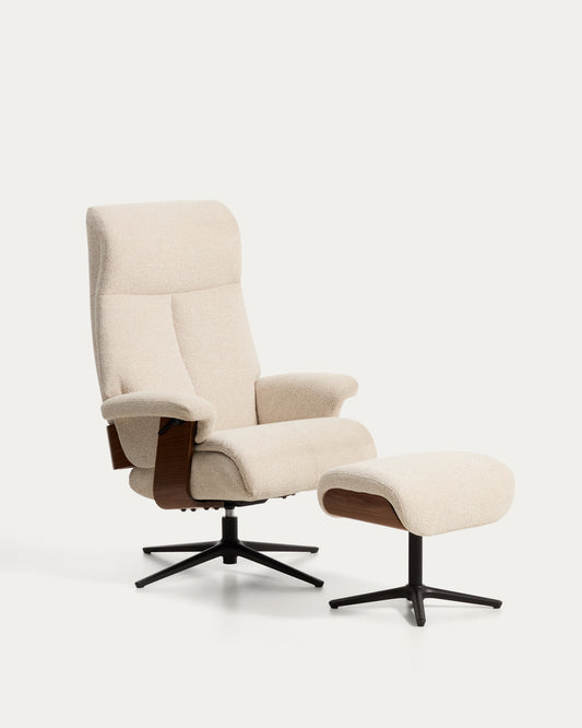 Fauteuil pivotant inclinable avec repose-pieds Toriel en micro-bouclette beige et pieds en aluminium avec finition noire FSC Mix Credit