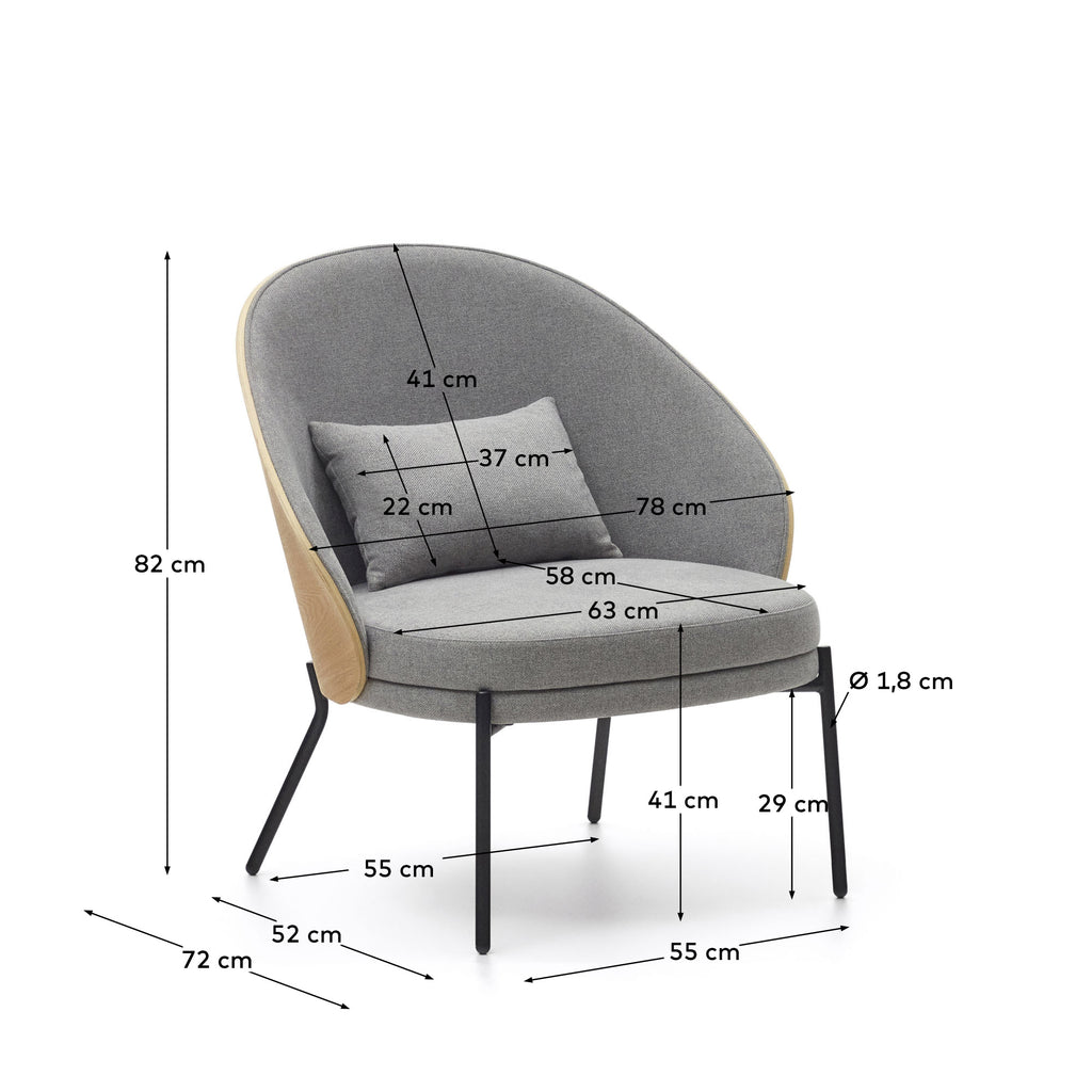 Fauteuil Eamy gris clair placage de frêne naturel et métal finition noire