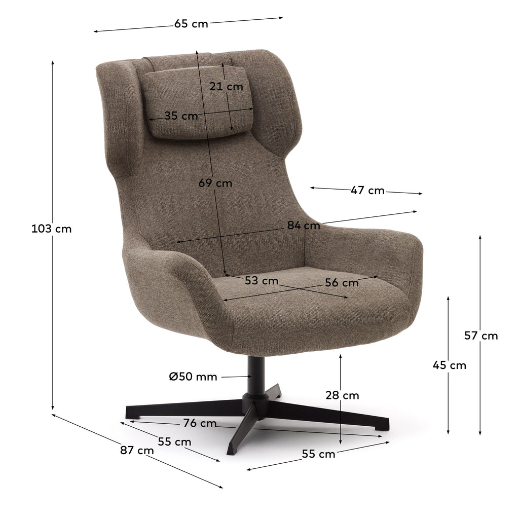 Fauteuil giratoire avec accoudoirs Zalina en chenille marron clair et acier avec finition noire FSC 100%