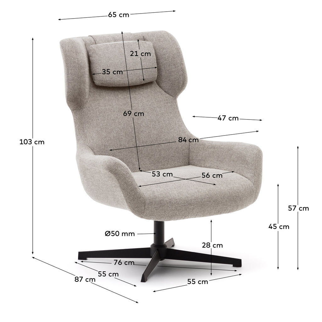 Fauteuil giratoire avec accoudoirs Zalina en chenille beige et acier avec finition noire FSC 100%