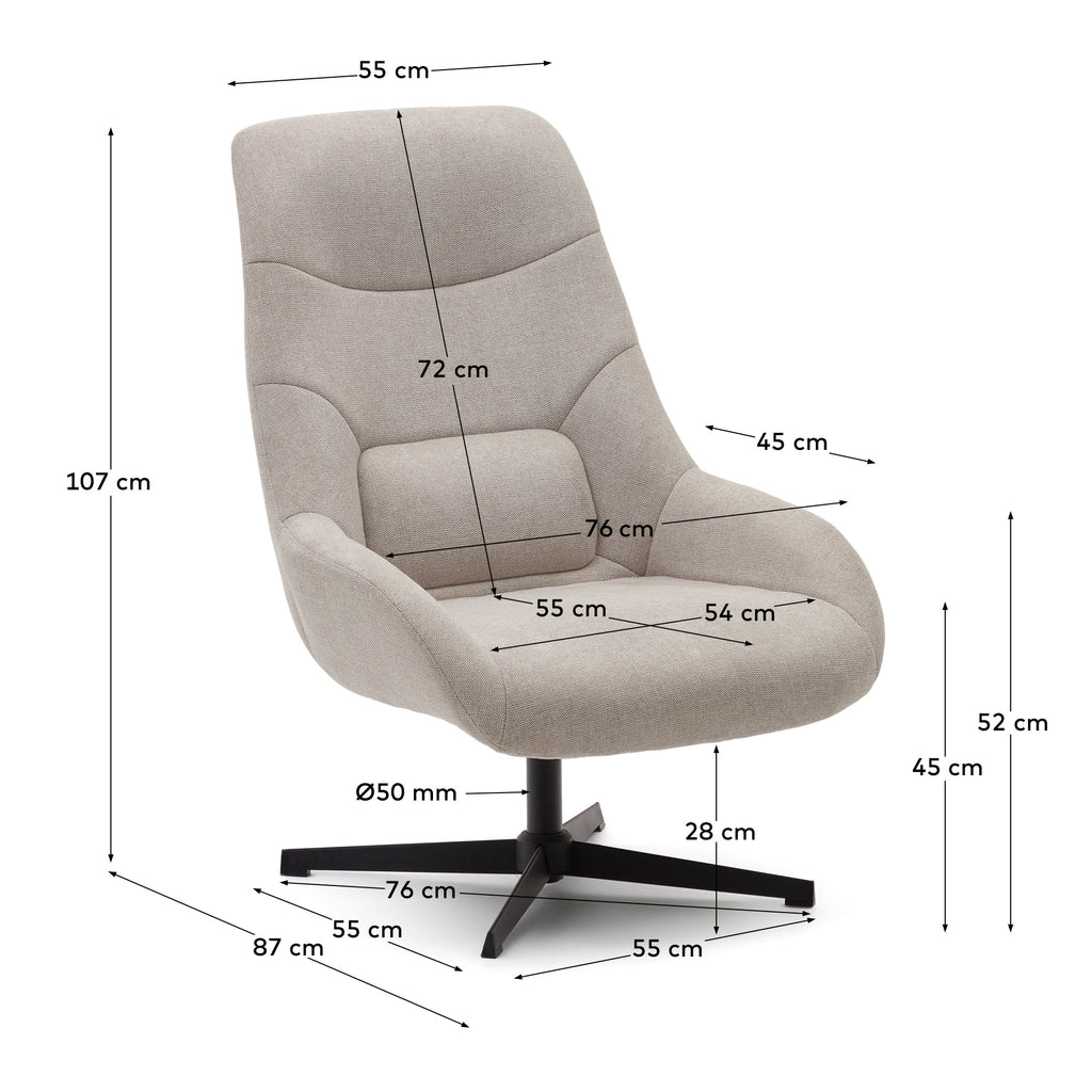 Fauteuil giratoire Celida en chenille beige et acier avec finition noire FSC 100%