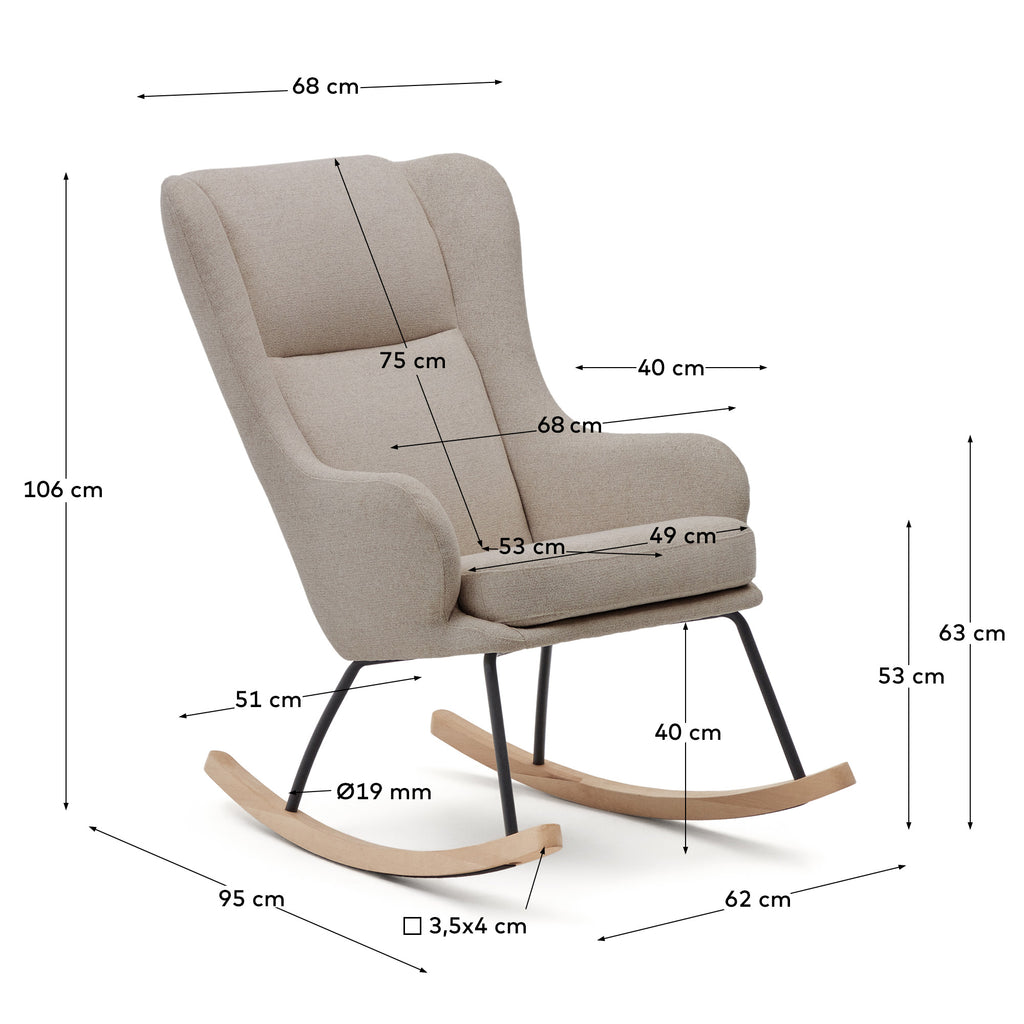 Fauteuil à bascule Maustin chenille beige et structure en acier noir et bois de hêtre