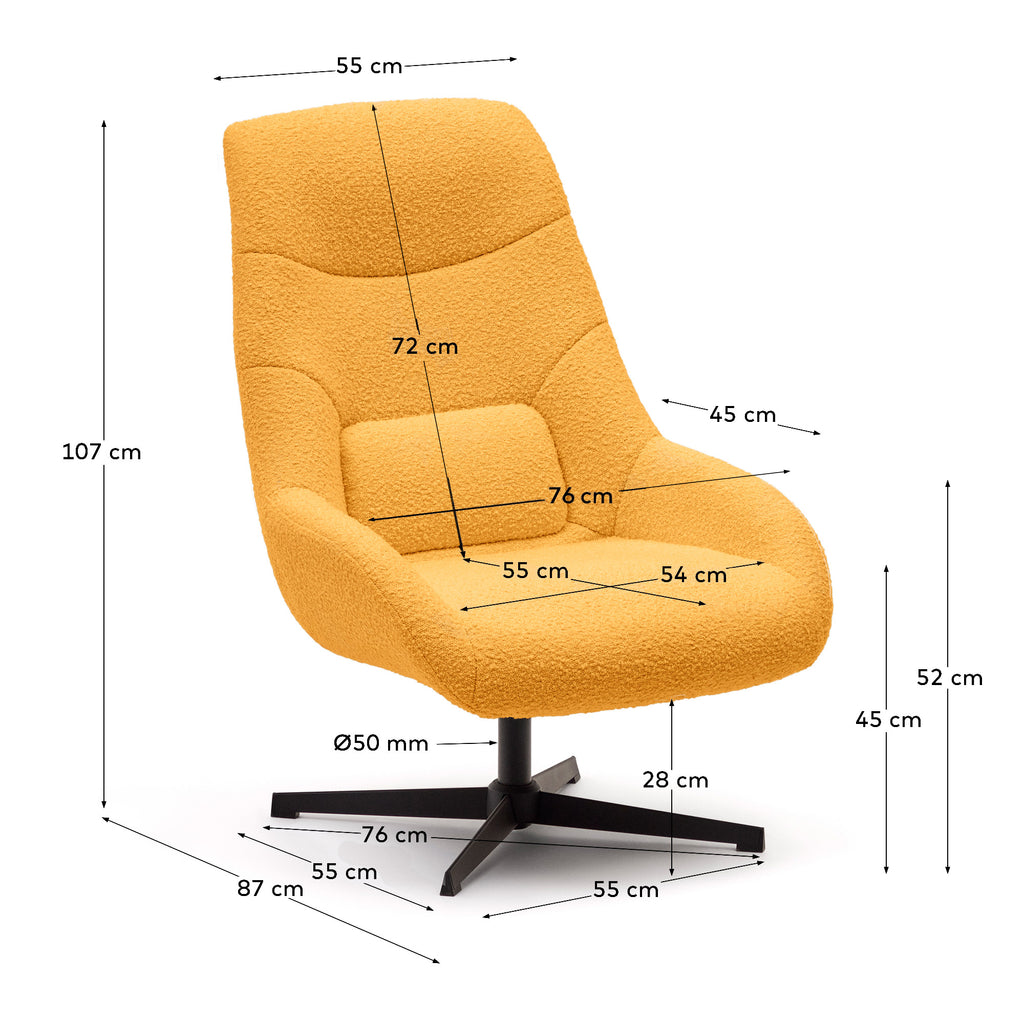 Fauteuil giratoire Celida en bouclette moutarde et acier avec finition noire FSC 100%