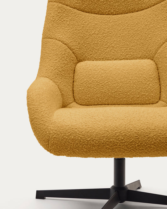 Fauteuil giratoire Celida en bouclette moutarde et acier avec finition noire FSC 100%