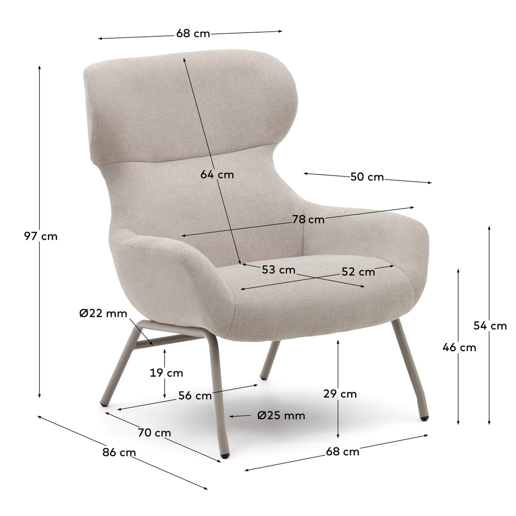 Fauteuil Belina en chenille beige et acier avec finition beige FSC 100%