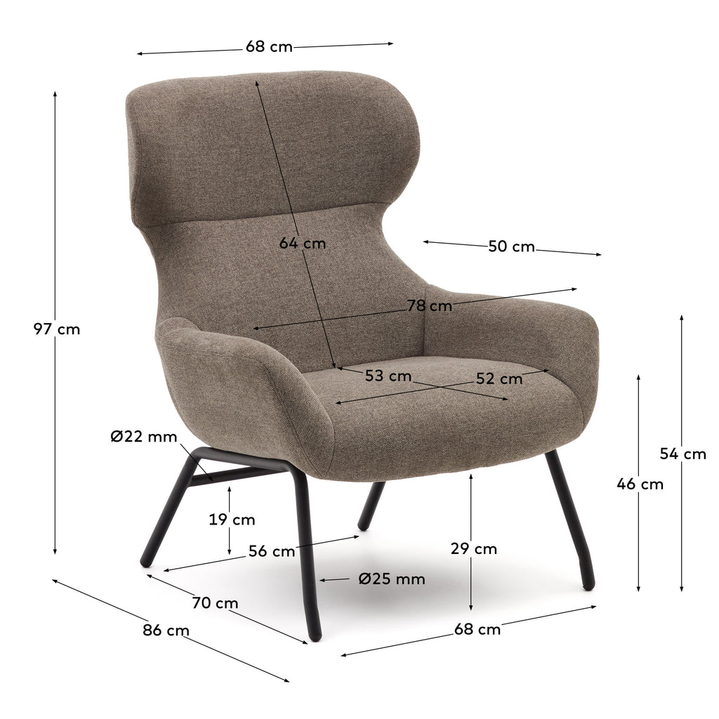 Fauteuil Belina en chenille marron clair et acier avec finition noire FSC 100%