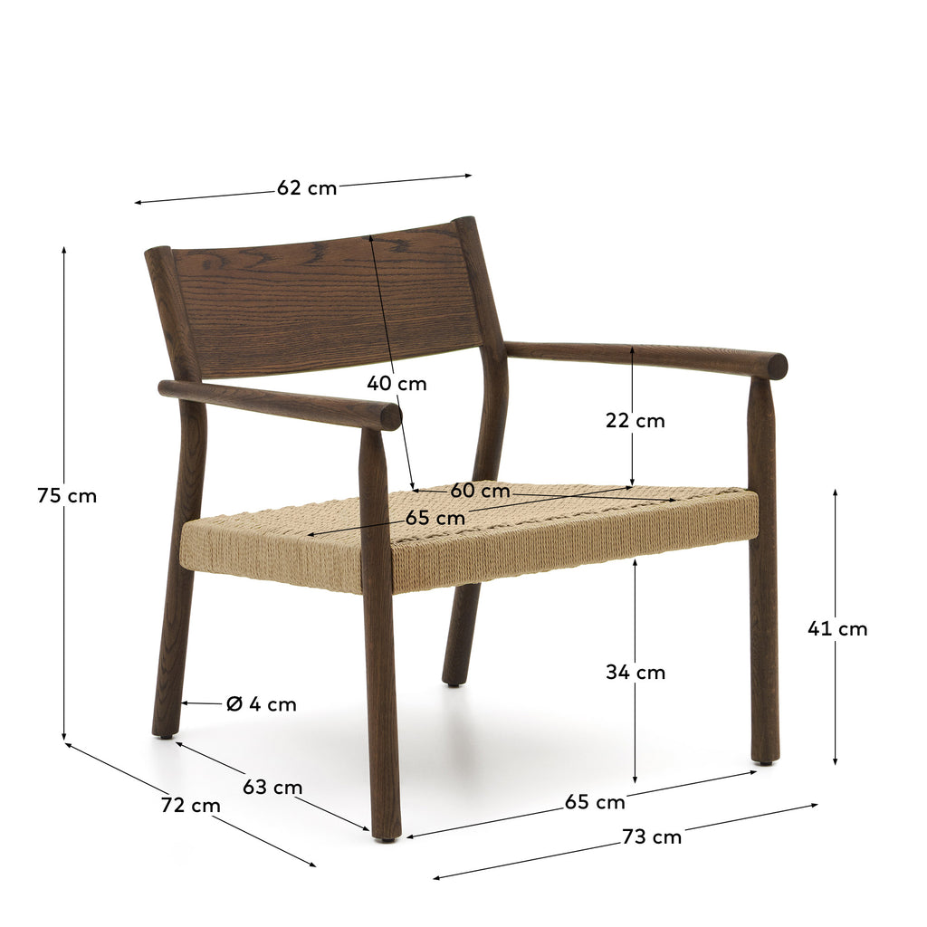 Fauteuil Yalia en bois de chêne massif avec finition noyer et assise en corde de papier FSC Mix Credit