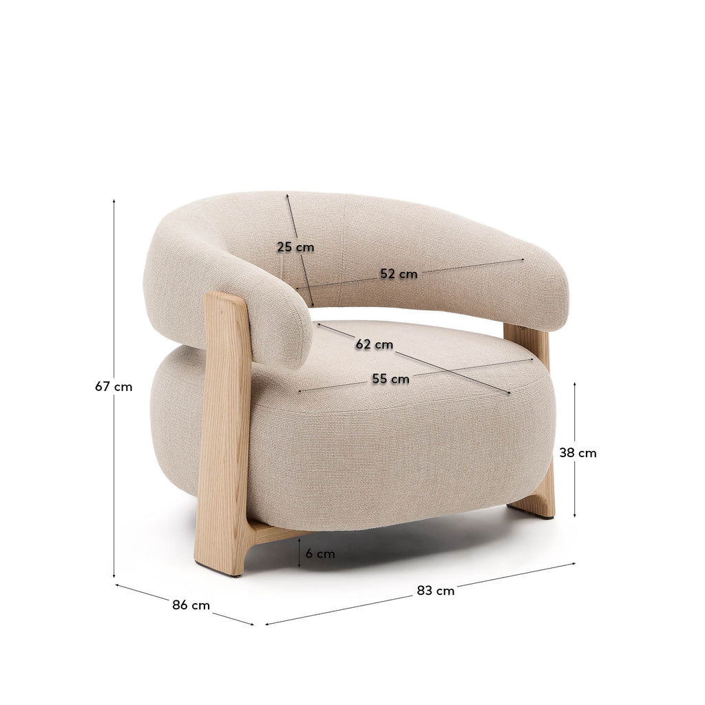 Fauteuil Granite tissu chenille beige pieds en bois de frêne finition ton naturel FSC 100 %