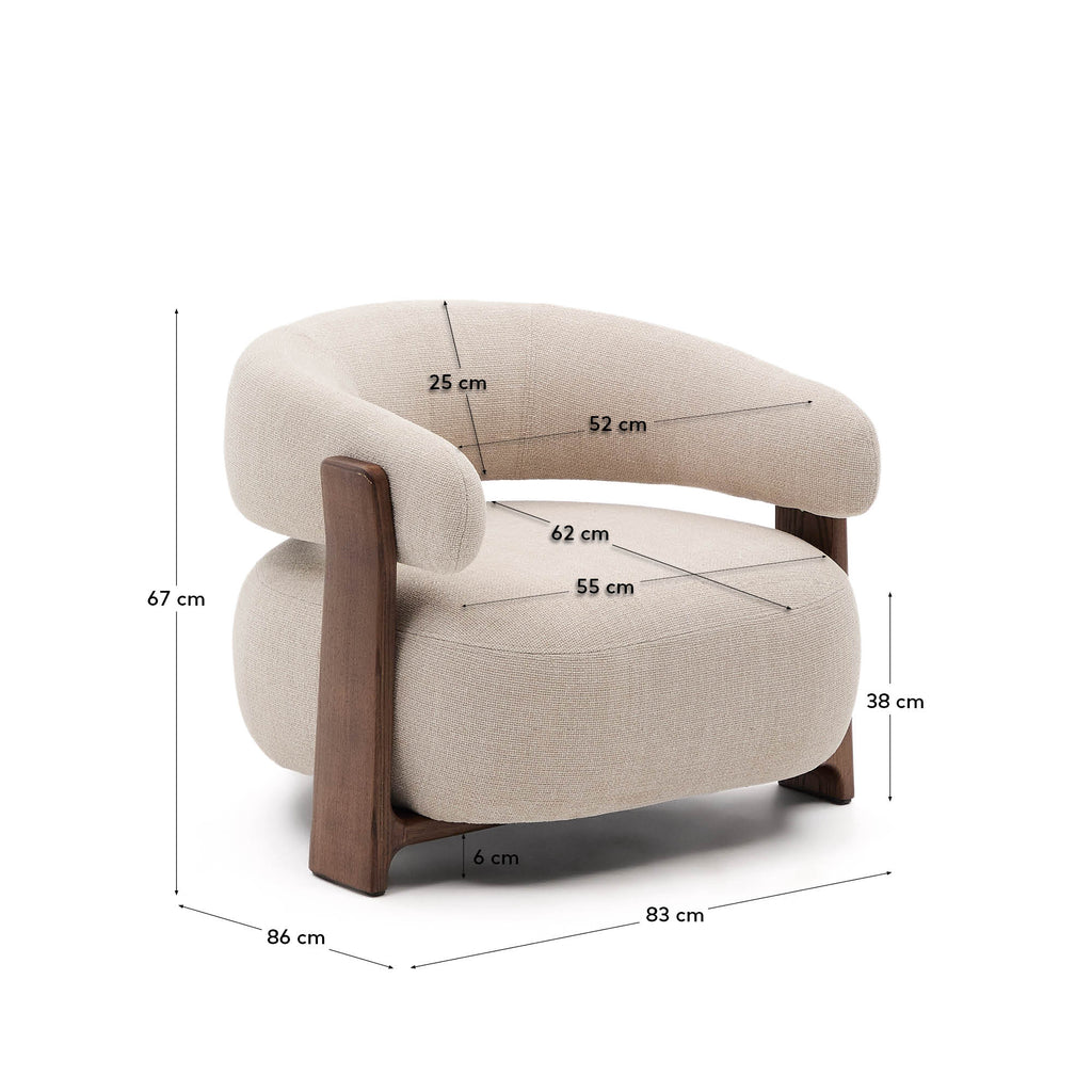 Fauteuil Granite en tissu chenille beige et pieds en bois de frêne finition noyer FSC 100 %