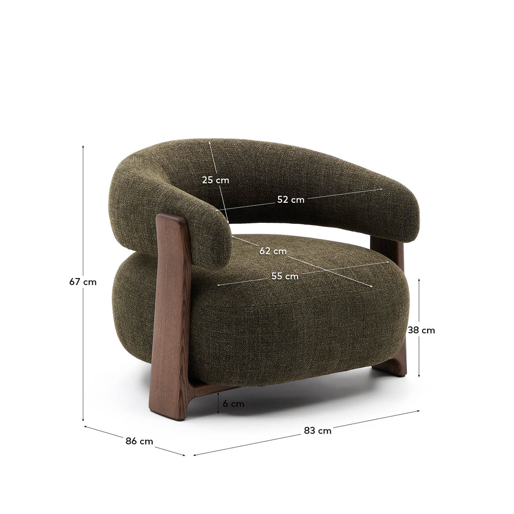 Fauteuil Granite en tissu chenille vert et pieds en bois de frêne finition noyer FSC 100 %