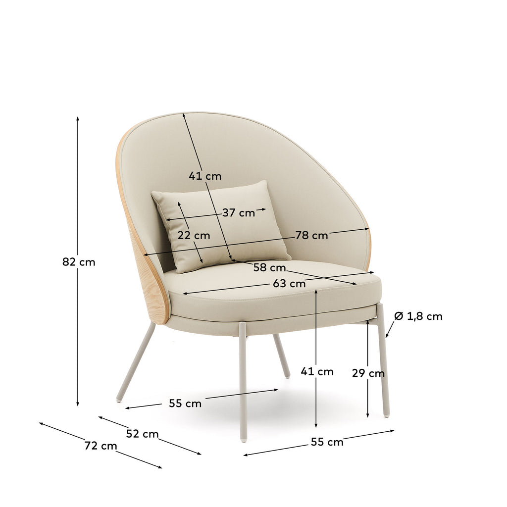 Fauteuil Eamy en polyuréthane beige, placage de frêne avec finition naturelle et métal