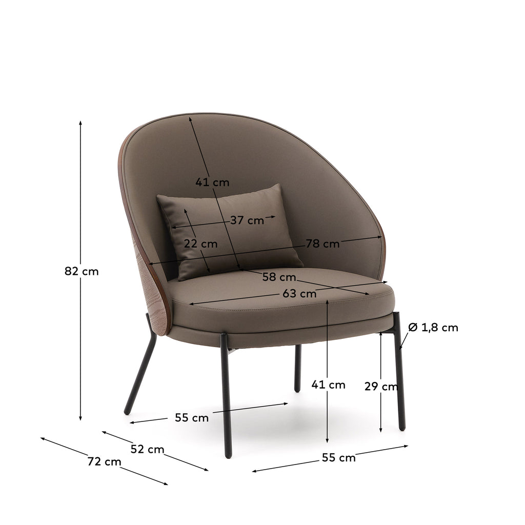 Fauteuil Eamy en polyuréthane marron, placage de frêne avec finition noyer et métal no