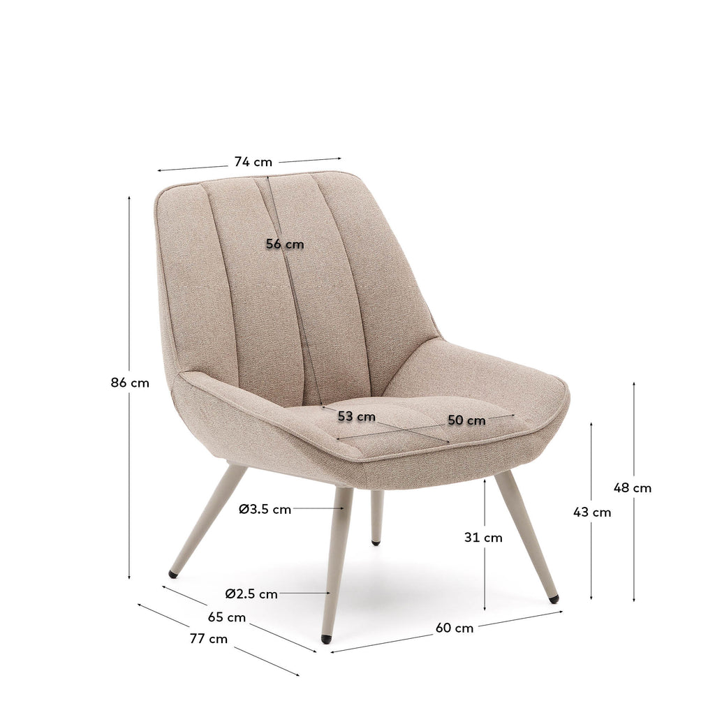 Fauteuil Marlina en tissu chenille beige et pieds en acier peints en gris mat