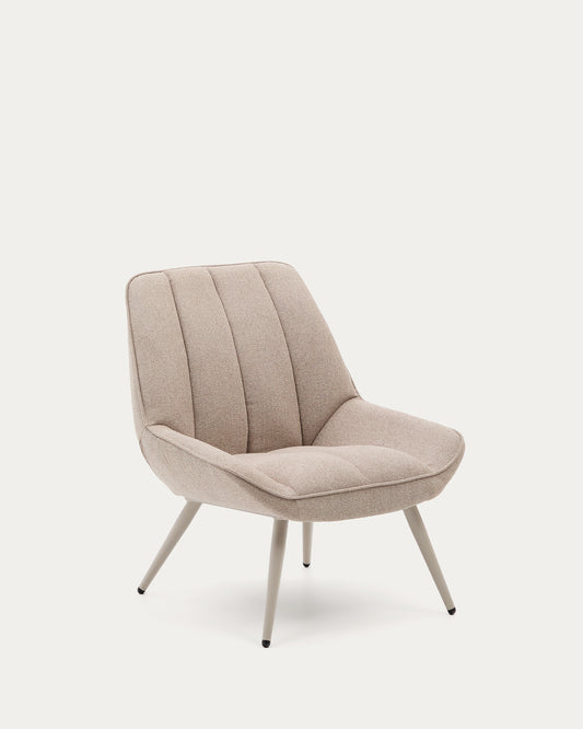 Fauteuil Marlina en tissu chenille beige et pieds en acier peints en gris mat