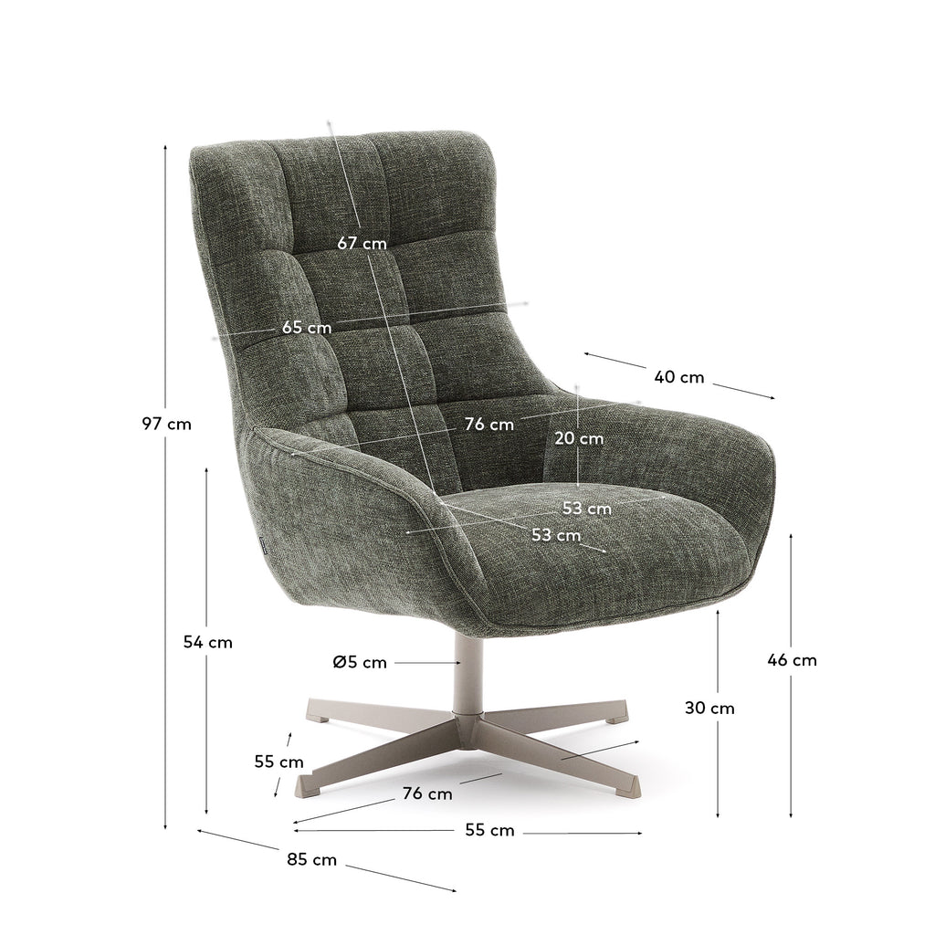 Fauteuil pivotant Teryl en tissu chenille vert et métal gris FSC 100%