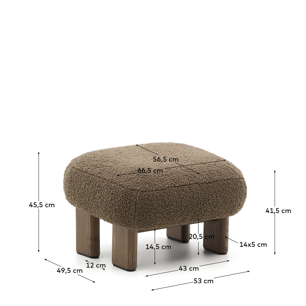 Repose-pieds Nema tissu bouclette taupe pieds en bois frêne finition noyer 65x55,4cm FSC 100%