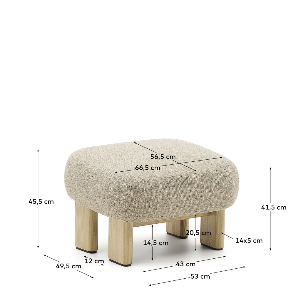 Repose-pieds Nema tissu chenille beige pieds bois frêne finition naturelle 65x55,4cm FSC 100%