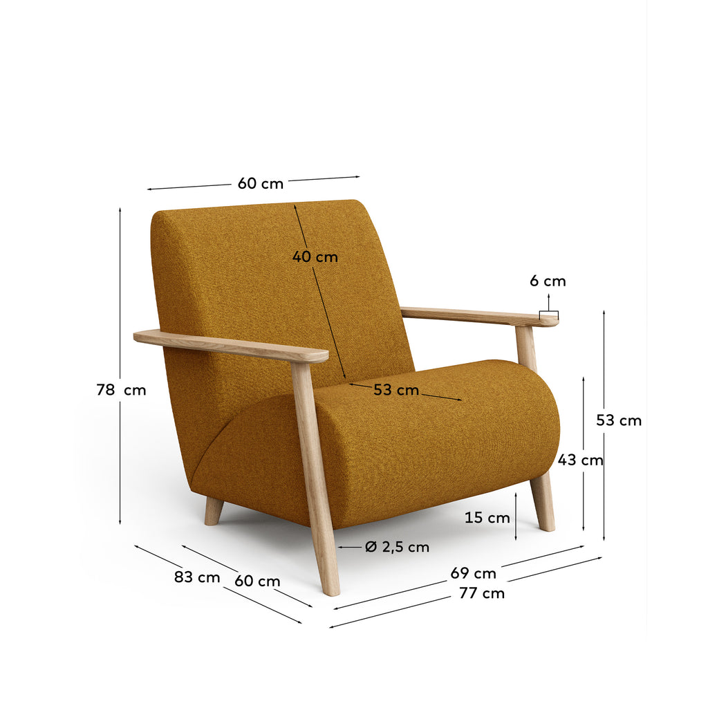 Fauteuil Meghan ignifugé en bouclette moutarde et bois de frêne avec finition ton naturel FSC Mix Credit