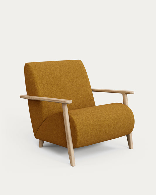 Fauteuil Meghan ignifugé en bouclette moutarde et bois de frêne avec finition ton naturel FSC Mix Credit