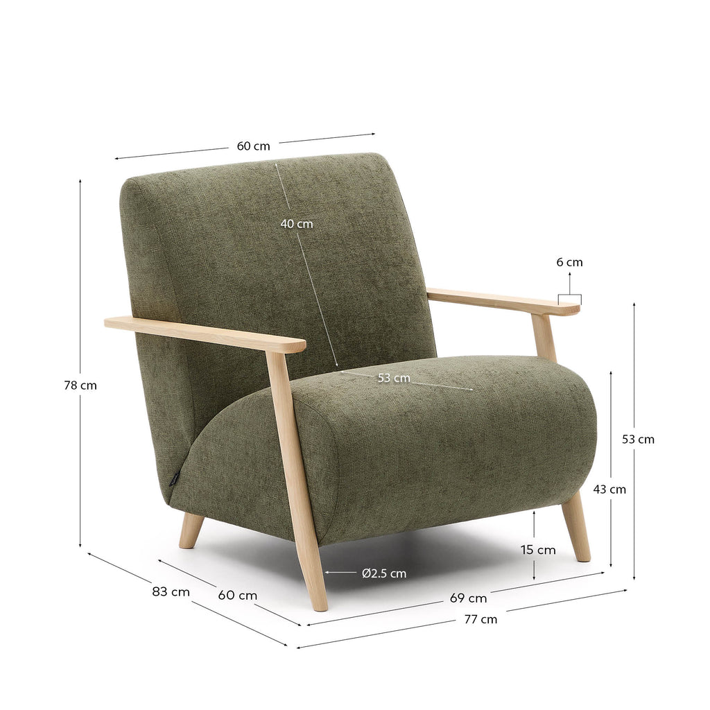 Fauteuil Meghan en tissu chenille vert et bois de frêne finition naturelle FSC Mix Credit