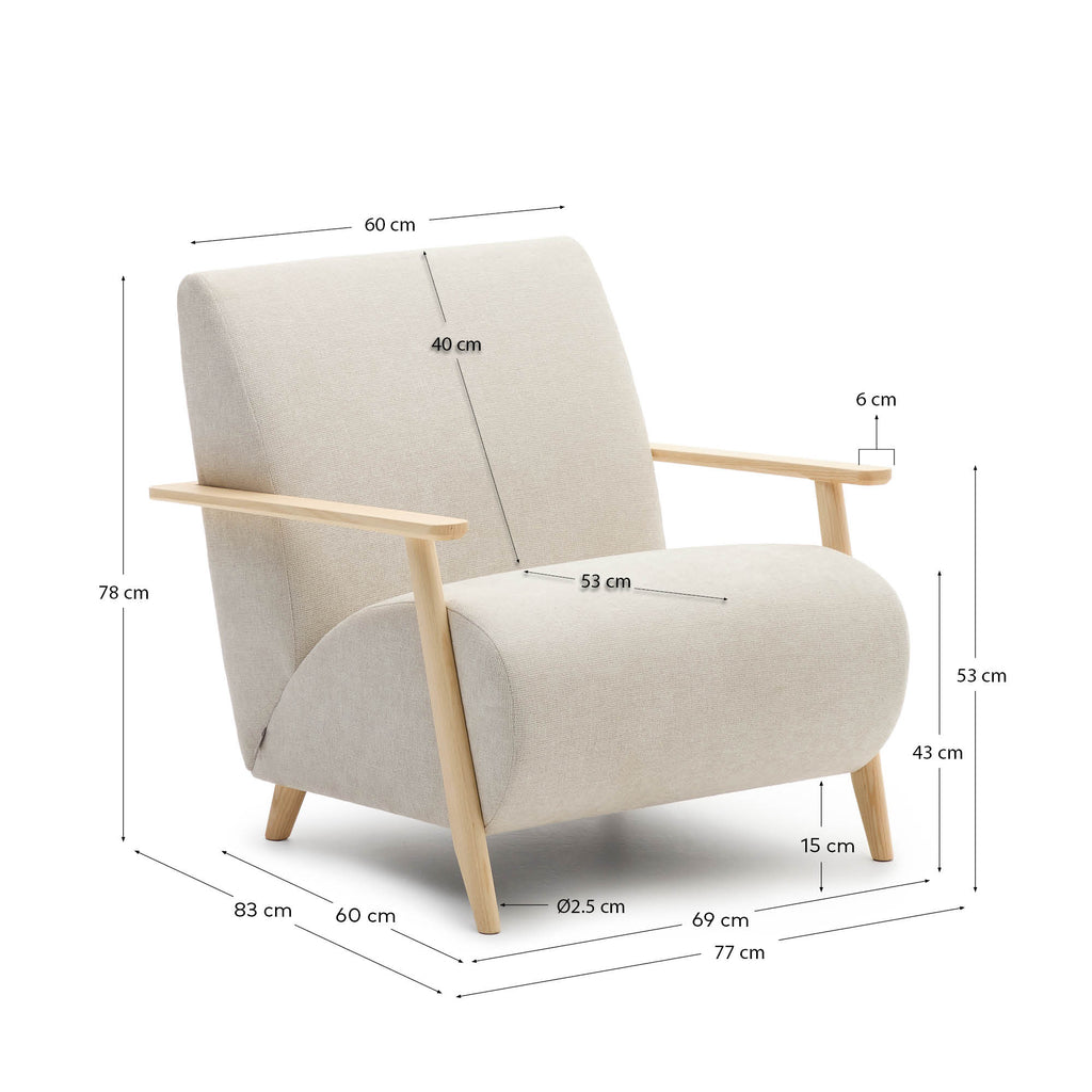 Fauteuil Meghan en tissu chenille perle et bois de frêne finition naturelle FSC Mix Credit