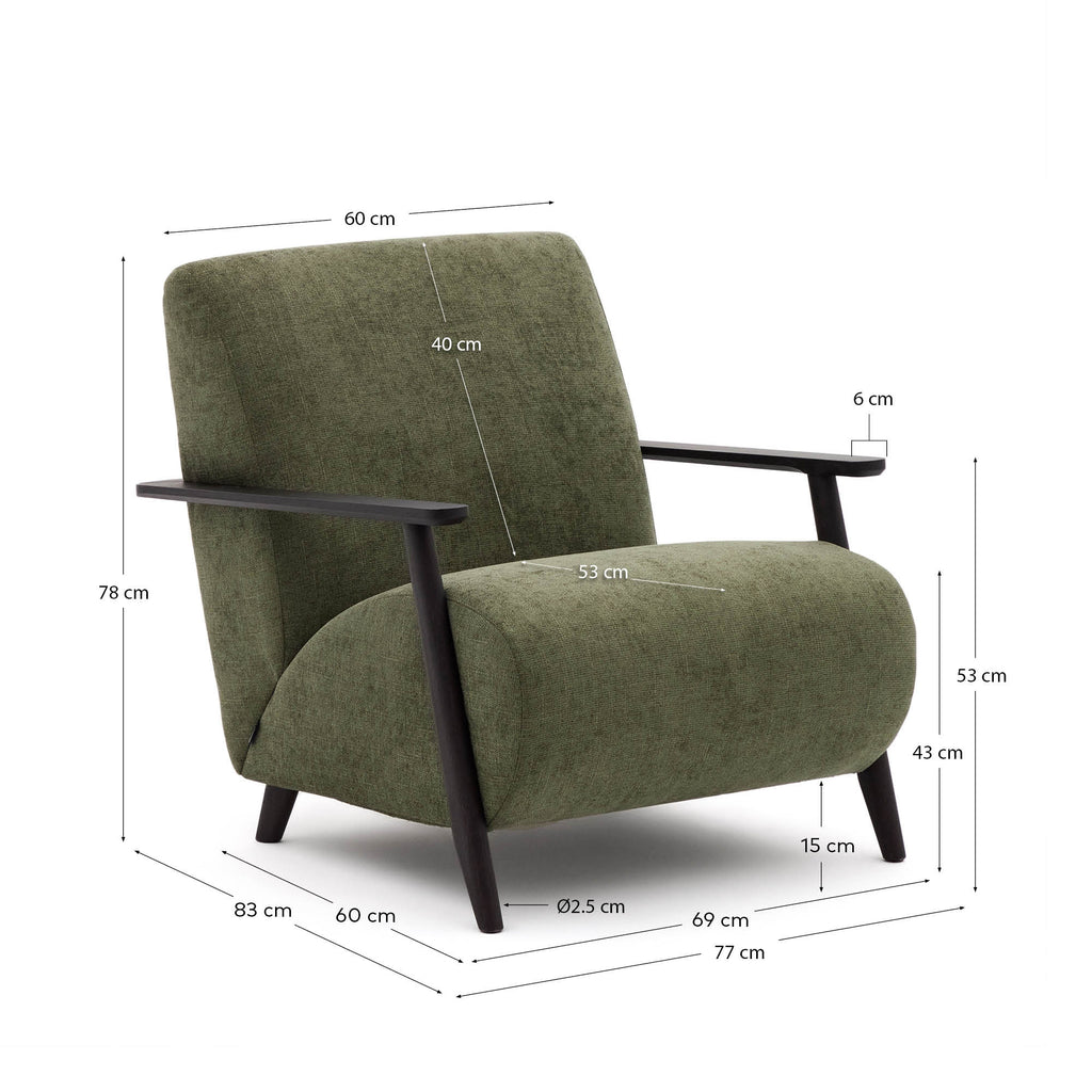 Fauteuil Meghan en tissu chenille vert et bois de frêne finition wengé FSC Mix Credit