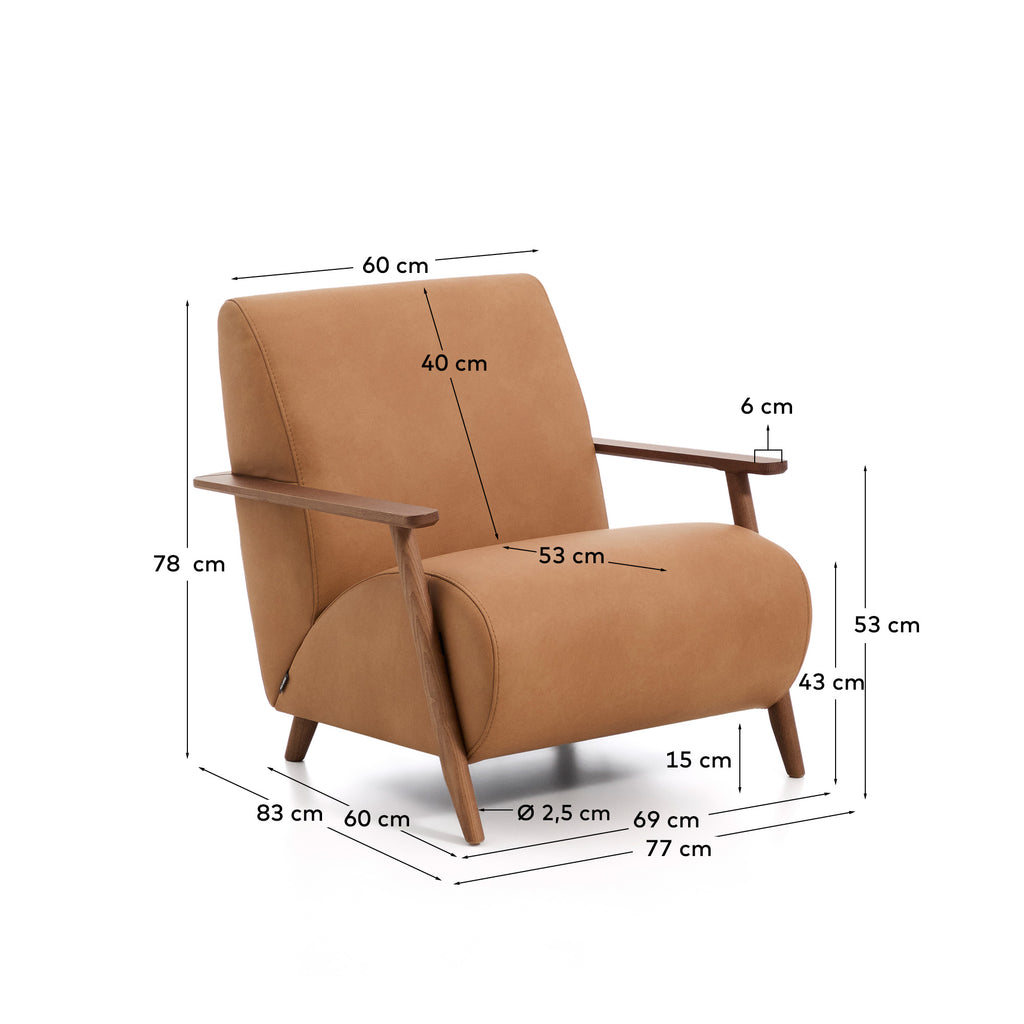 Fauteuil Meghan en cuir marron et bois de frêne avec finition ton noyer FSC Mix Credit