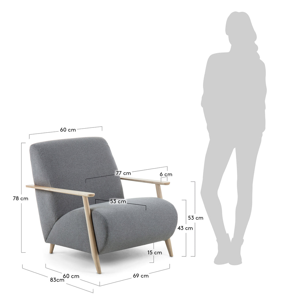 Fauteuil Meghan gris et pieds en bois frêne finition naturelle