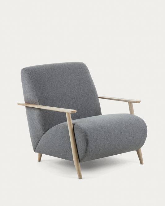 Fauteuil Meghan gris et pieds en bois frêne finition naturelle