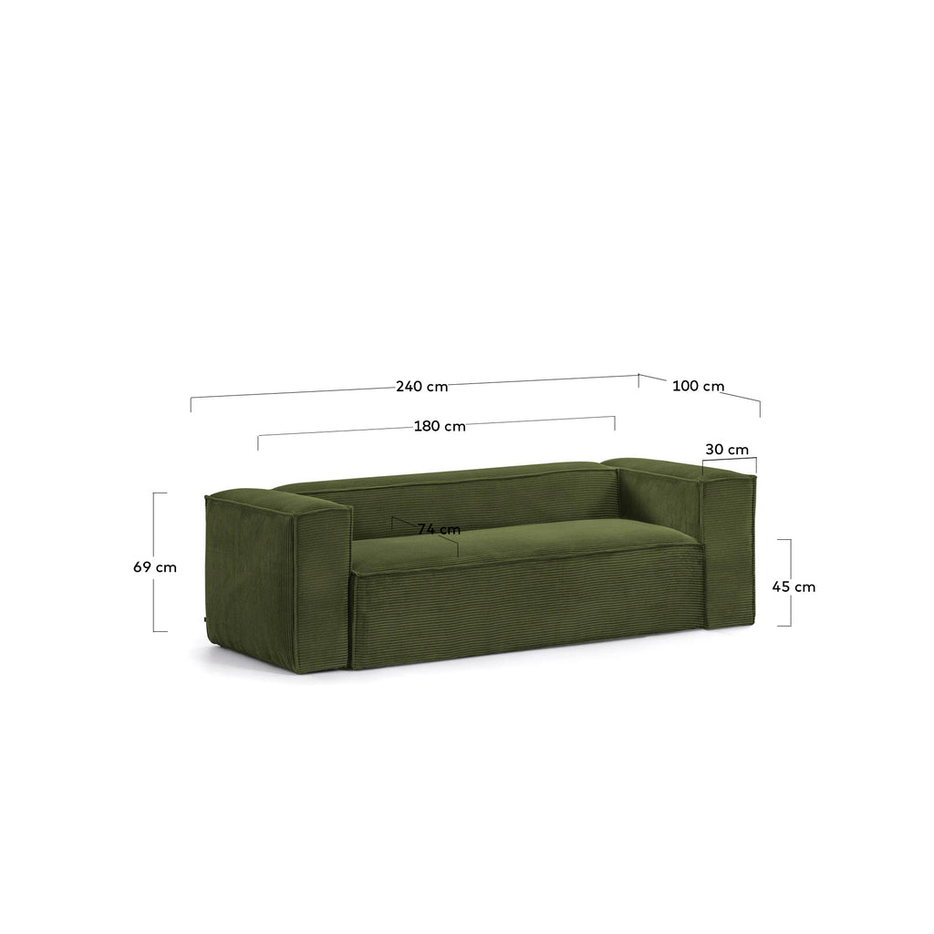 Canapé Blok 3 places en velours côtelé épais vert 240 cm – Certifié FSC Mix Credit
