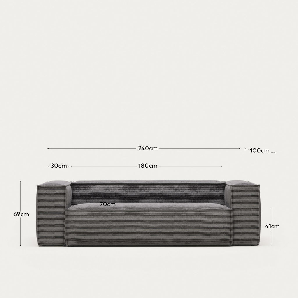 Canapé Blok 3 places ignifugé en velours côtelé épais gris 240 cm FSC Mix Credit