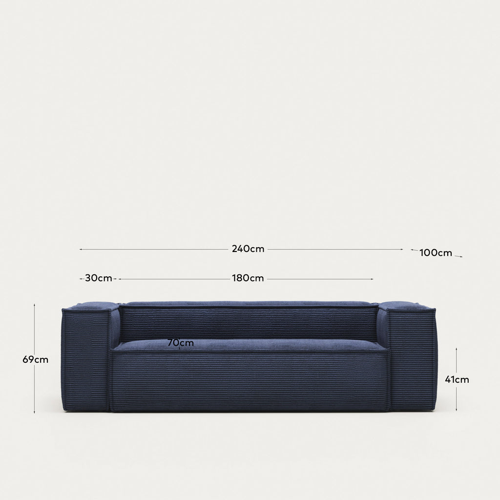 Canapé Blok 3 places ignifugé en velours côtelé épais bleu 240 cm FSC Mix Credit