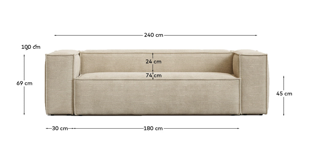 Canapé Blok 3 places version ignifugée en velours côtelé épais écru 240 cm FSC Mix Credit
