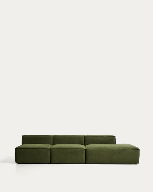 Canapé Blok 3 places avec pouf terminal droit en velours côtelé épais vert 325 cm – FSC Mix Credit