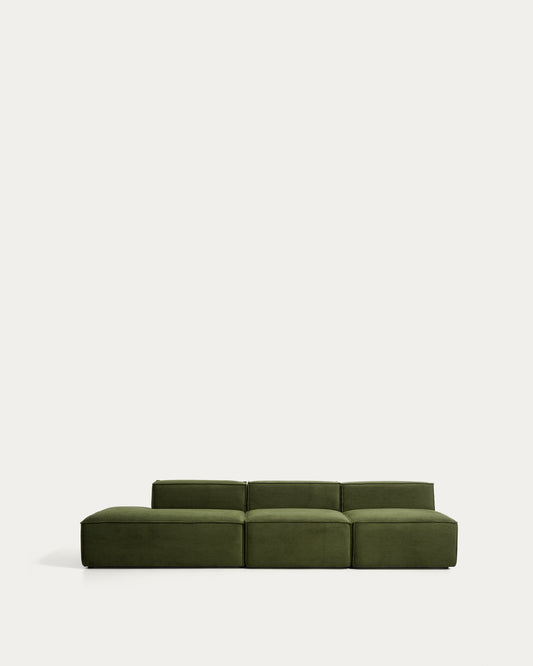 Canapé Blok 3 places avec pouf terminal gauche en velours côtelé épais vert 325 cm – FSC Mix Credit
