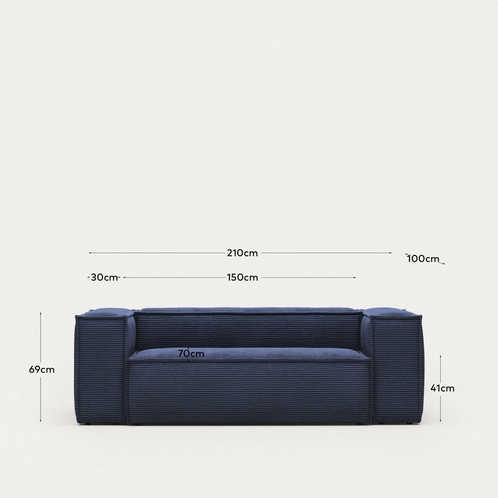 Canapé Blok 2 places ignifugé en velours côtelé épais bleu 210 cm FSC Mix Credit