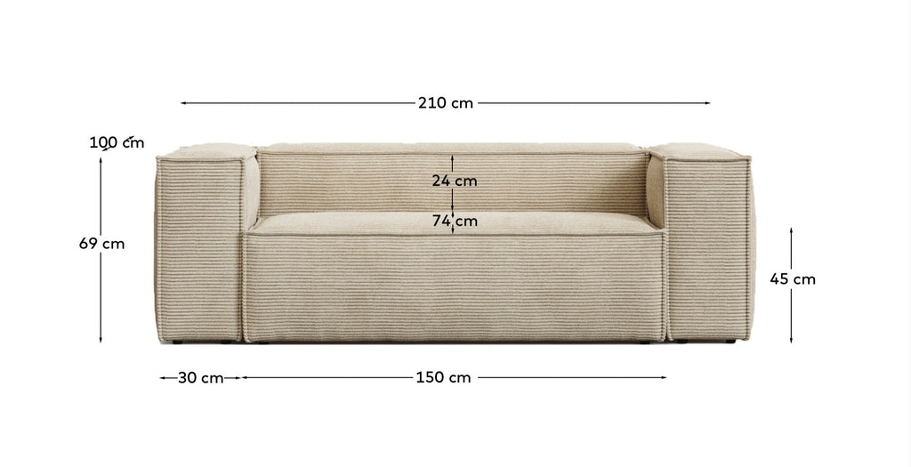 Canapé Blok 2 places version ignifugée en velours côtelé épais écru 210 cm FSC Mix Credit