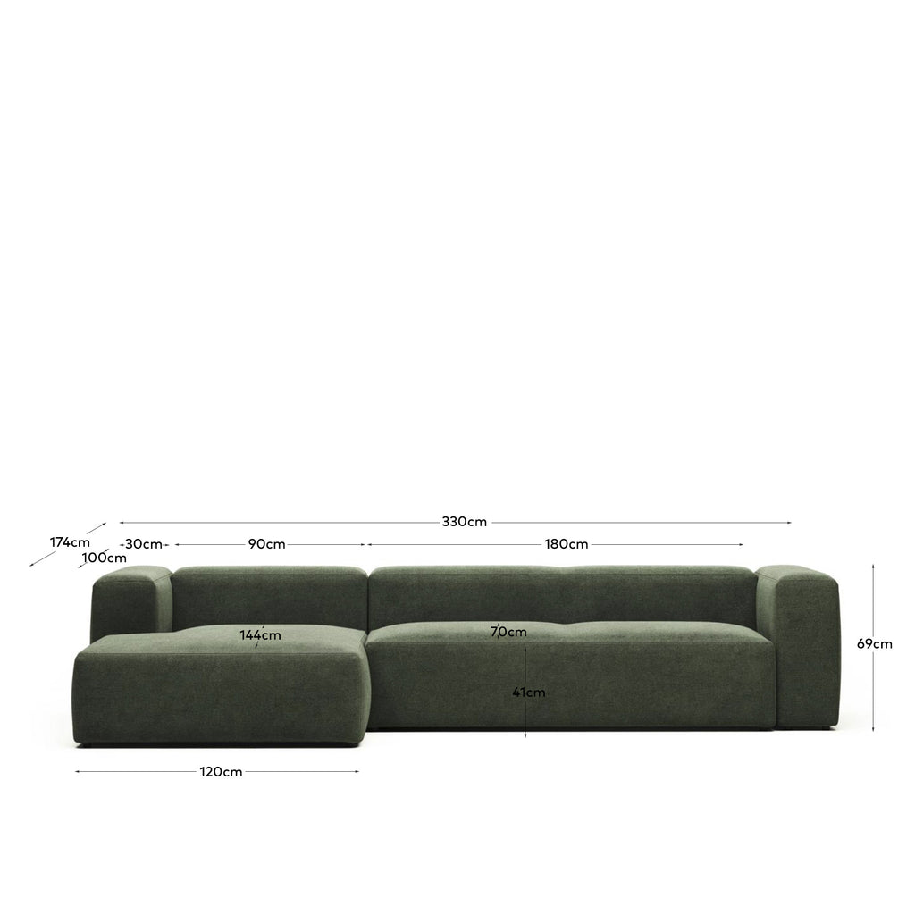 Canapé Blok 4 places avec méridienne gauche ignifugé en chenille verte 330 cm