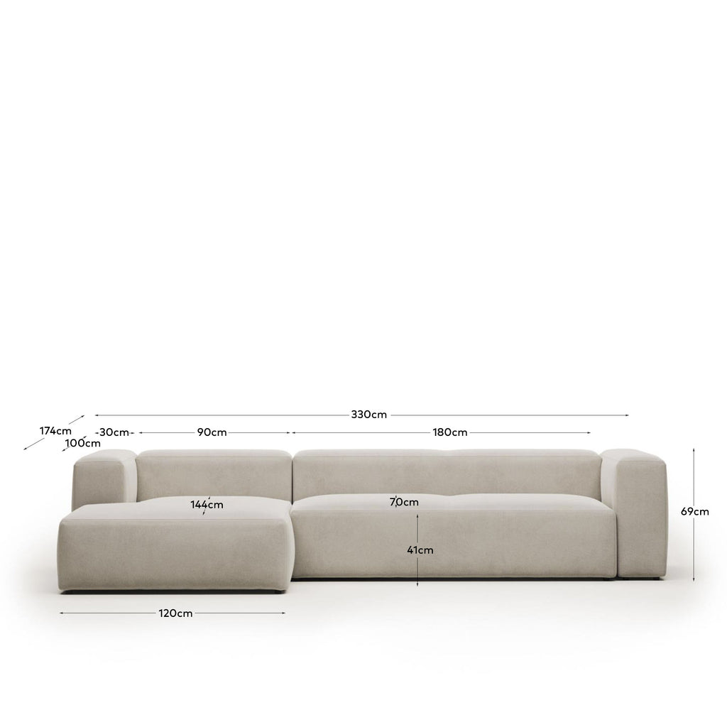 Canapé Blok 4 places avec méridienne gauche ignifugé en chenille blanche 330 cm