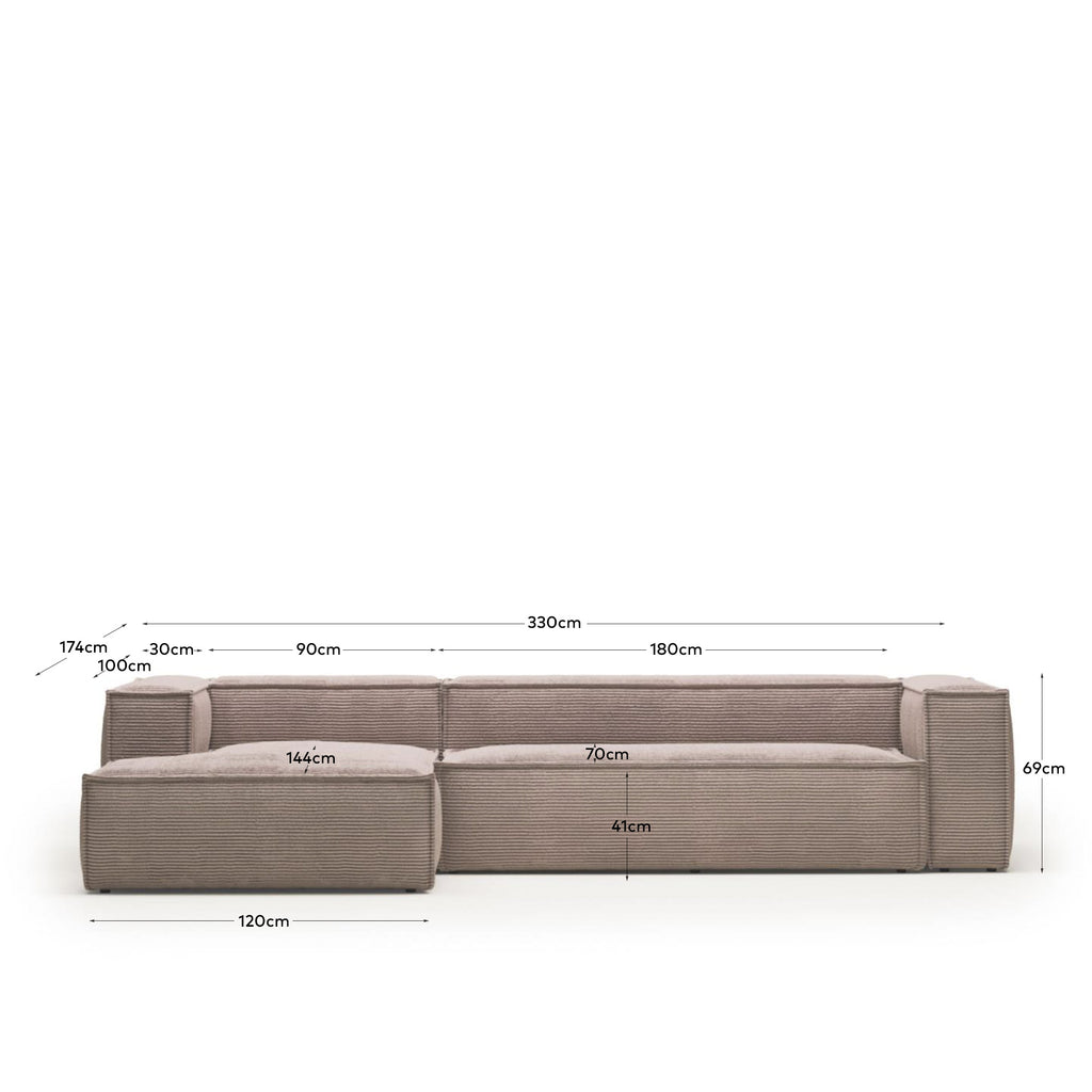 Canapé Blok 4 places en velours côtelé épais avec méridienne gauche rose 330 cm – Certifié FSC Mix Credit