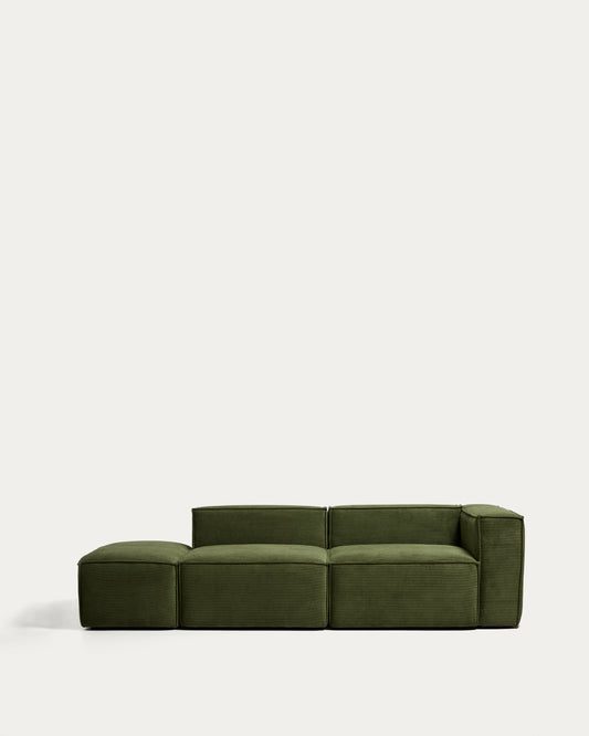 Canapé Blok 3 places avec accoudoir droit et pouf terminal en velours côtelé épais vert 270 cm – FSC Mix Credit