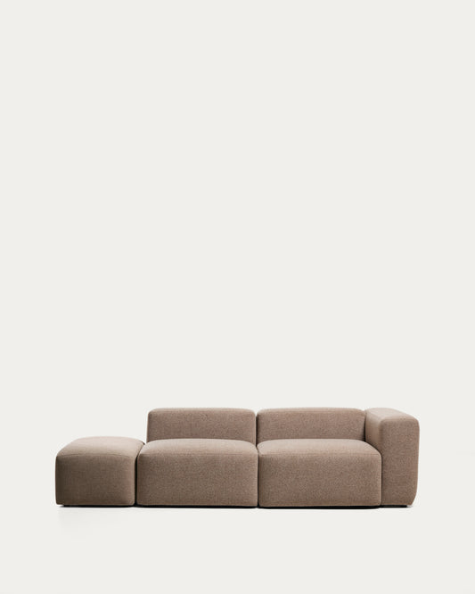 Canapé Blok 3 places avec accoudoir droit et pouf terminal en chenille marron 270 cm – FSC Mix Credit