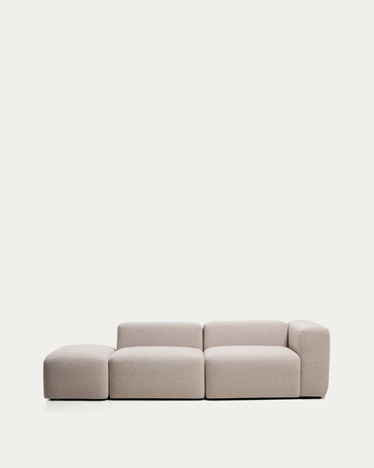 Canapé Blok 3 places avec accoudoir droit et pouf terminal en chenille beige 270 cm – FSC Mix Credit