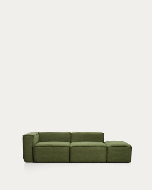 Canapé Blok 3 places avec accoudoir gauche et pouf terminal en velours côtelé épais vert 270 cm – FSC Mix Credit
