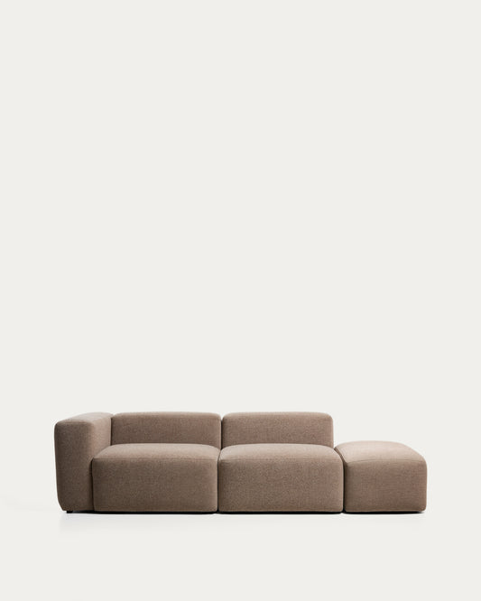 Canapé Blok 3 places avec accoudoir gauche et pouf terminal en chenille marron 270 cm – FSC Mix Credit