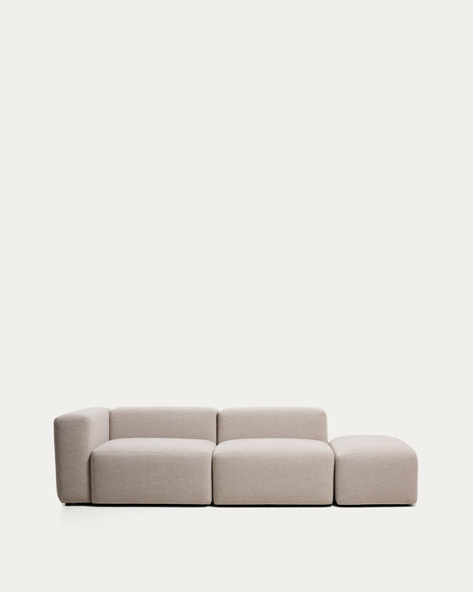Canapé Blok 3 places avec accoudoir gauche et pouf terminal en chenille beige 270 cm – FSC Mix Credit